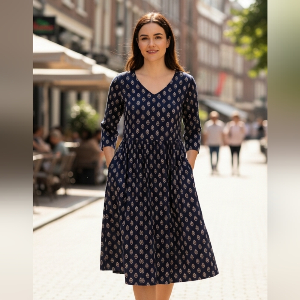 V-Neck Navy Printed Midi Dress